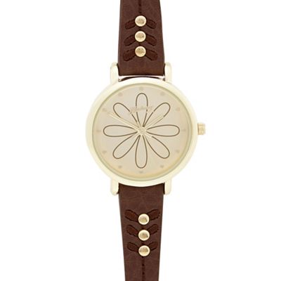 Ladies brown etched flower dial watch
